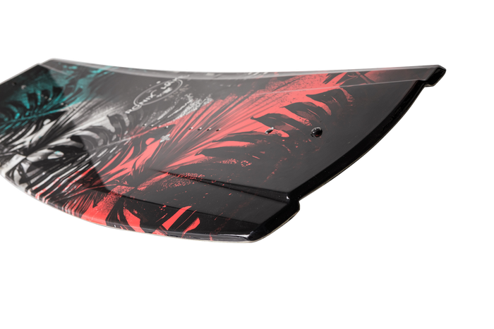 A close-up of the Ronix 2025 Krush Wakeboard with Divide Bindings, showcasing a vibrant tropical leaf pattern in red, green, and black. Ideal for wakeboarding enthusiasts who value a stylish ride.
