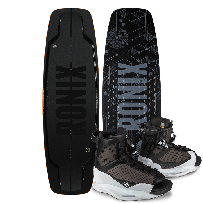 Ronix's 2025 Parks Wakeboard showcases sleek geometric patterns and features innovative dimples technology to boost glide speed, paired with matching District Bindings in black.
