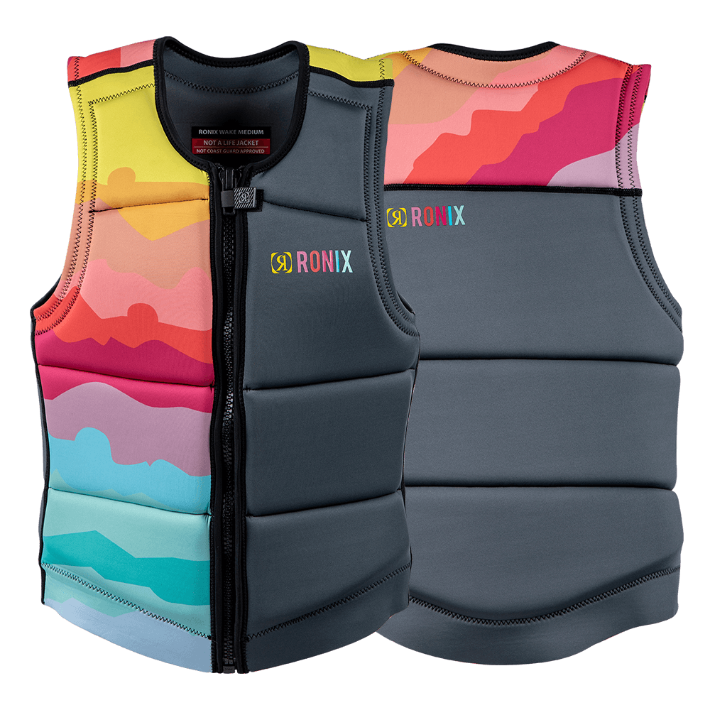 A Ronix 2024 Coral Women's CE Impact Vest with a colorful design featuring flex foam for a comfortable fit.