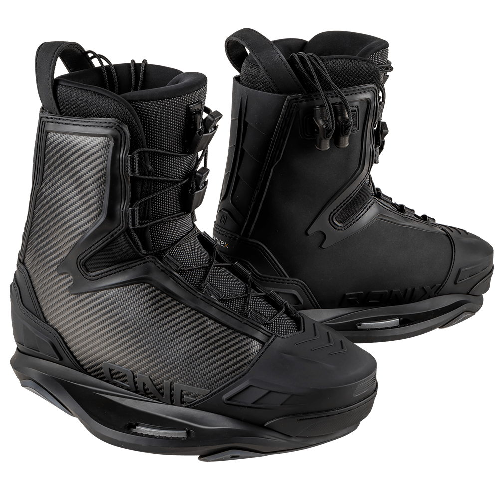 A pair of high-response, heat moldable Ronix 2024 One Carbitex boots on a black background, featuring the innovative Carbitex material.