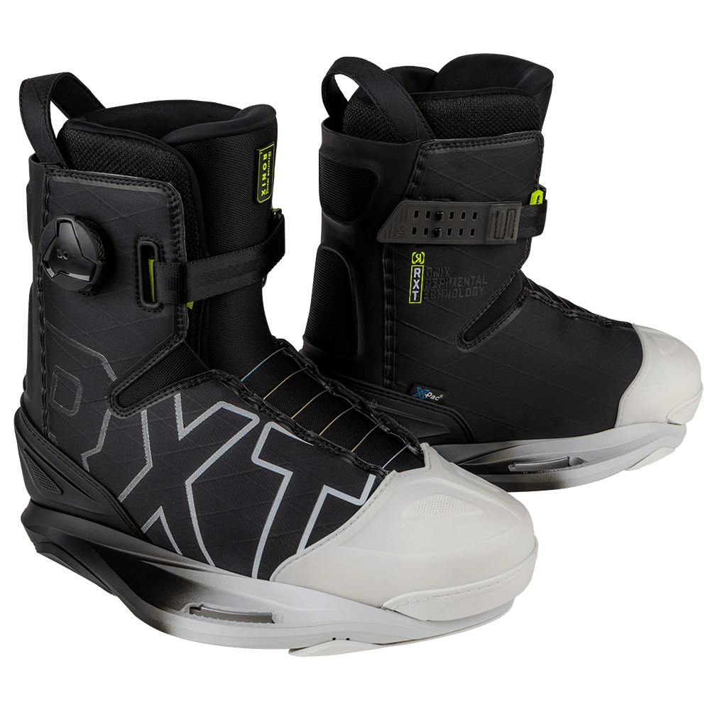 A pair of black and yellow Ronix 2024 RXT BOA Boots featuring the BOA Fit System for easy adjustment and lightweight flexibility.