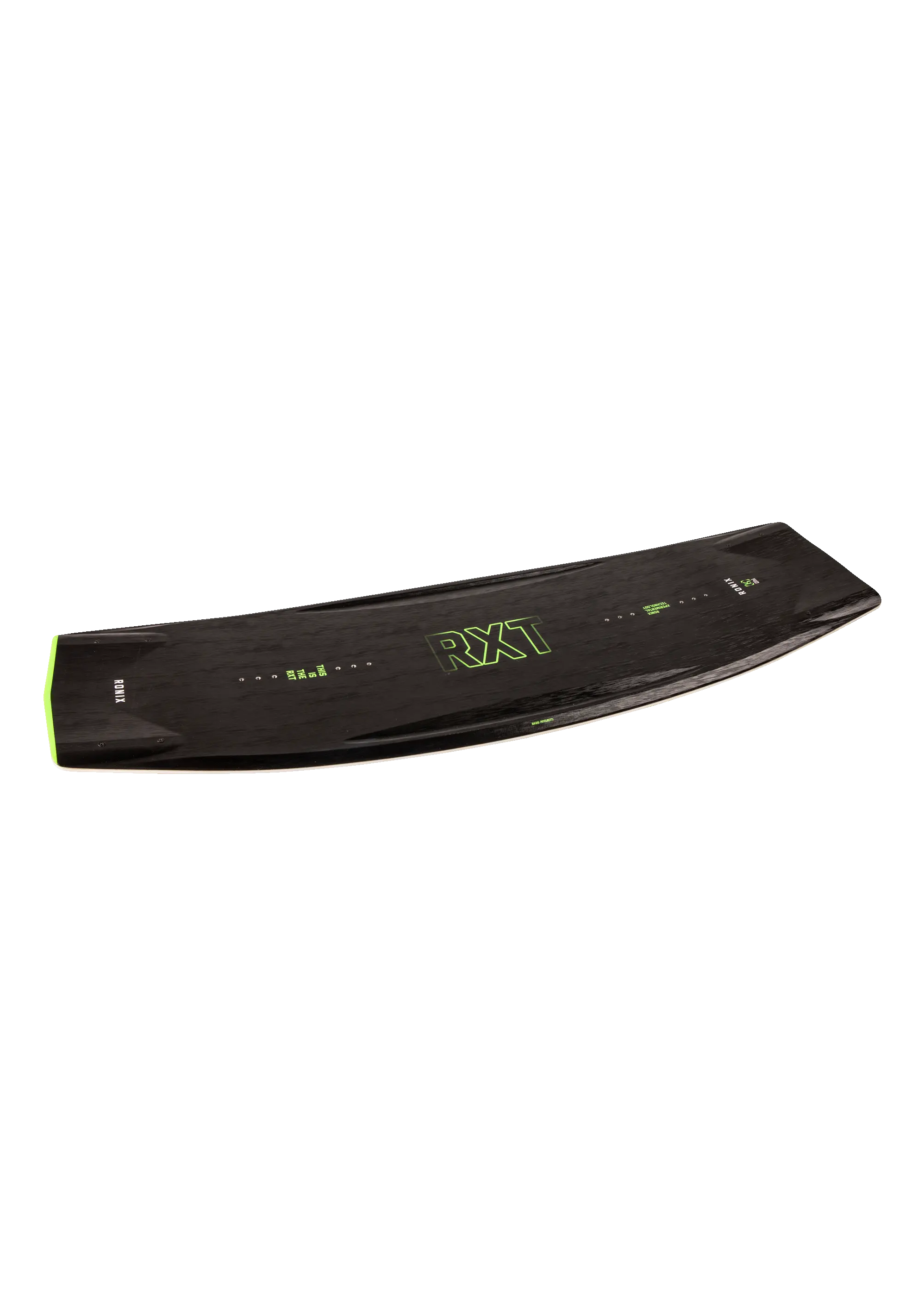 The Ronix 2024 RXT Blackout Wakeboard features a black design with green accents and bold RXT lettering, plus subtle branding on each end. Engineered with Blackout Technology for ultra-soft landings, it’s shown on a white background.