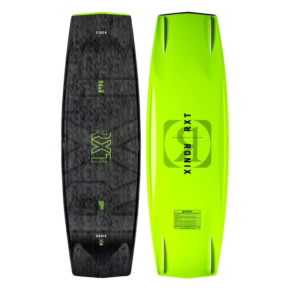 Two Ronix 2024 RXT Blackout Wakeboards are shown: one displays a dark wood-like top with neon green RXT and Ronix text, highlighting Blackout Technology; the other shows the neon green underside with black Ronix RXT text.