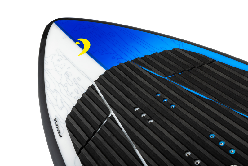 Here's a rewritten sentence using the given product data:
A close-up of the Ronix 2025 Brightside Wakesurf Board showcases its versatile shape in a striking blue and white design, adorned with a crescent moon and star graphic. It features black traction pads with visible screws, making it ideal for enhancing your wakesurfing experience.