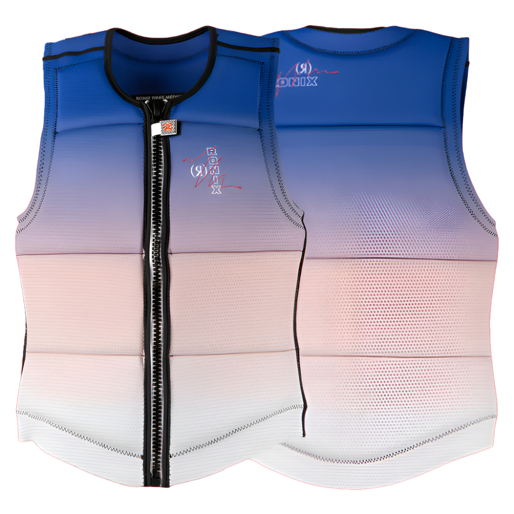The Ronix 2025 Coral Women's CE Impact Vest is a sleeveless impact jacket with a front zipper, flex foam, and Manhattan Tailored Fit. Its gradient design fades from blue to pink to white and is shown in both front and back views.