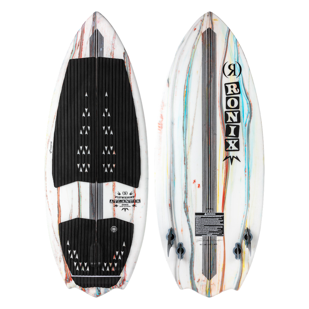 Two Ronix Flyweight Atlantik Wakesurf Boards 2026, featuring a white base with thin colorful streaks—one shows the deck with black grip pads, the other the underside with fins and a large RONIX logo, highlighting flyweight construction.