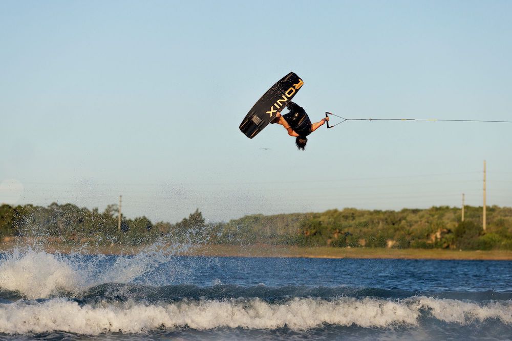 Tyler Higham Action Shot for Ronix 2025 One Blackout Wakeboard
