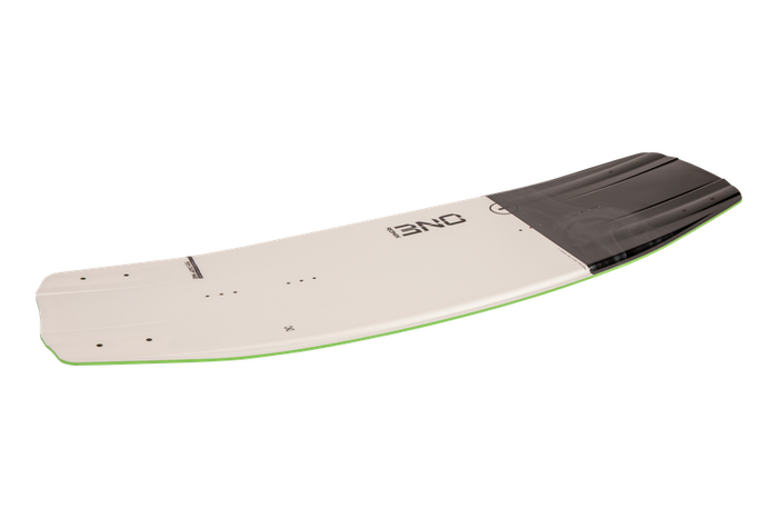 Side view of a Ronix 2025 One Legacy Wakeboard in white and black, showcasing the word ONE1 and designed for optimal hangtime.
