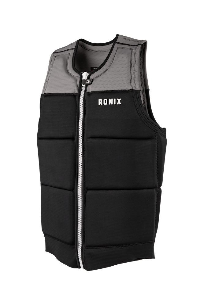 The Ronix 2025 Presidente CE Approved Impact Vest, crafted with black and gray padding and a front zipper, boasts innovative Silk Skin technology for enhanced comfort. This budget-friendly impact jacket provides 4-way stretch flexibility, making it ideal against any white background.
