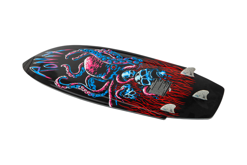 The Ronix Sea Captain Wakesurf Board 2026 by Ronix features a black base with a vibrant red and blue octopus graphic entwined with a snarling animal face on the bottom, plus three visible fins and a thruster-inspired shape.