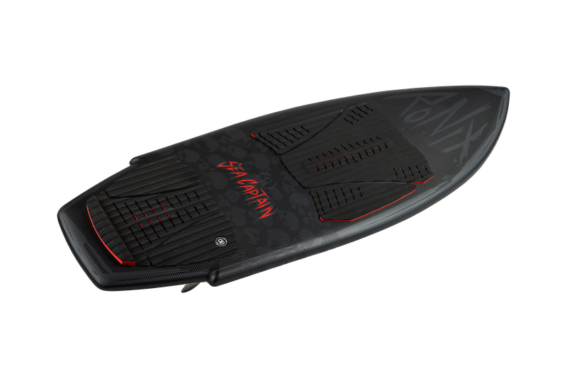 The Ronix Sea Captain Wakesurf Board 2026 features a black deck with textured grip pads, red and gray accents, and the words "SEA CAPTAIN" and "RONIX." Its thruster-inspired shape is shown against a plain white background.