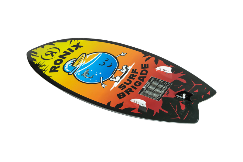The Ronix Sonic Fish Wakesurf Board 2026 - 3'9" features a vibrant yellow-to-orange gradient, a cartoon blue drink mascot, bold SURF BRIGADE text, and black and red accents—an all-around board for any wakesurf session.