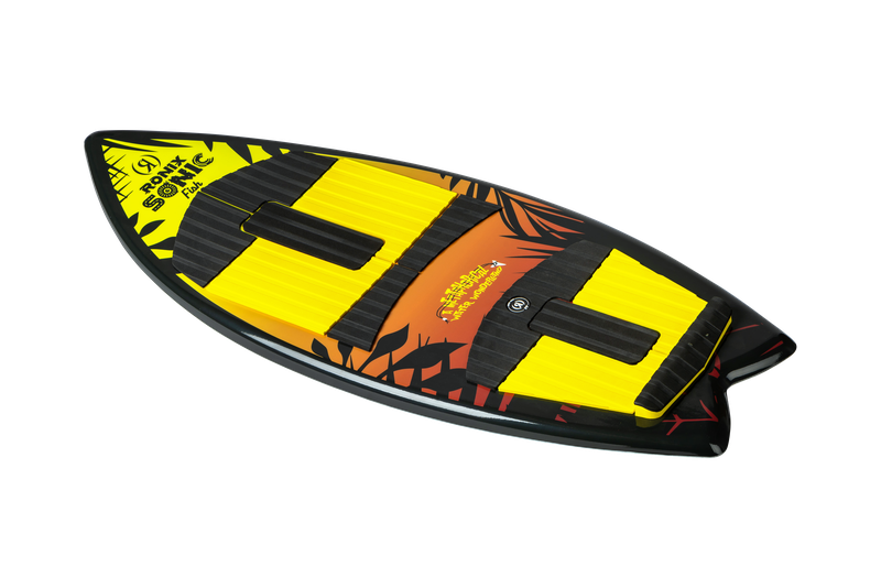 The Ronix Sonic Fish Wakesurf Board 2026 - 3'9" features a black base, yellow traction pads, and vibrant orange-yellow graphics, with a pointed nose and rounded tail for versatile wakesurf performance.