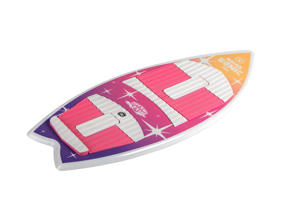 The Ronix Sonic Girl's Fish Wakesurf Board 2026 - 3'9" features a purple, pink, and orange gradient with white stars and pink/white traction pads—a colorful, fun Ronix board ideal for wake surfing adventures.