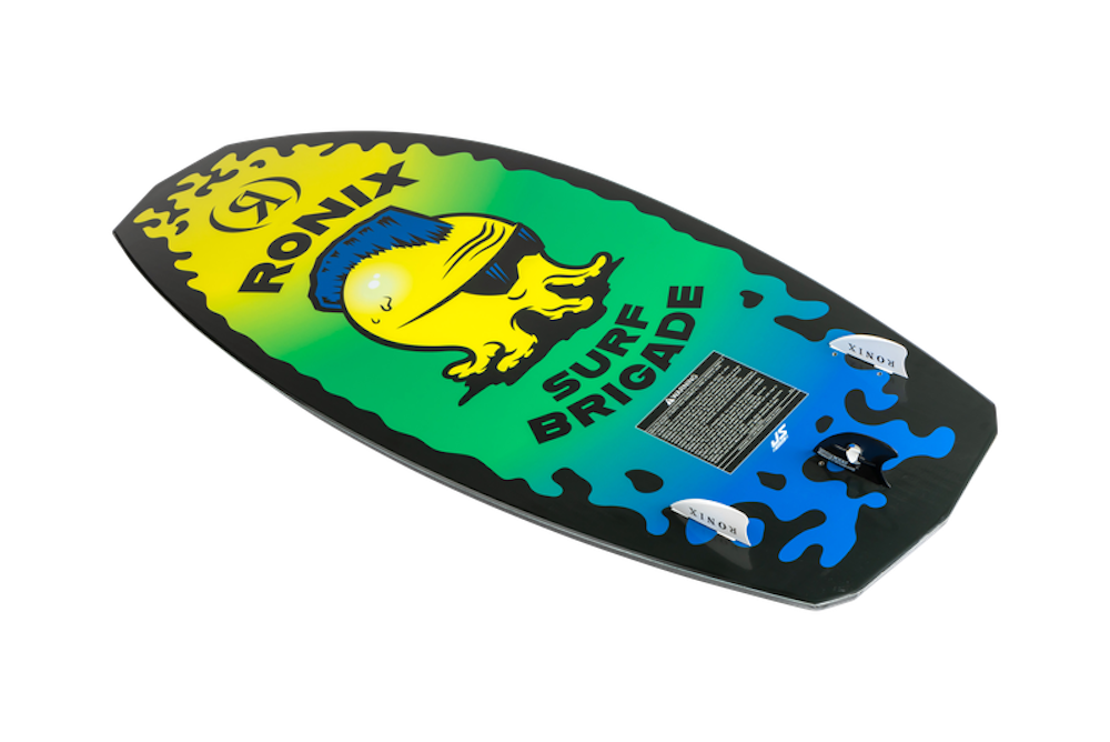 The Ronix Sonic Powertail Wakesurf Board 2026 - 3'9" features a vibrant green and blue gradient, a yellow cartoon bulldog in a helmet, and "SURF BRIGADE" on the deck—perfect as a kids wakesurf board.
