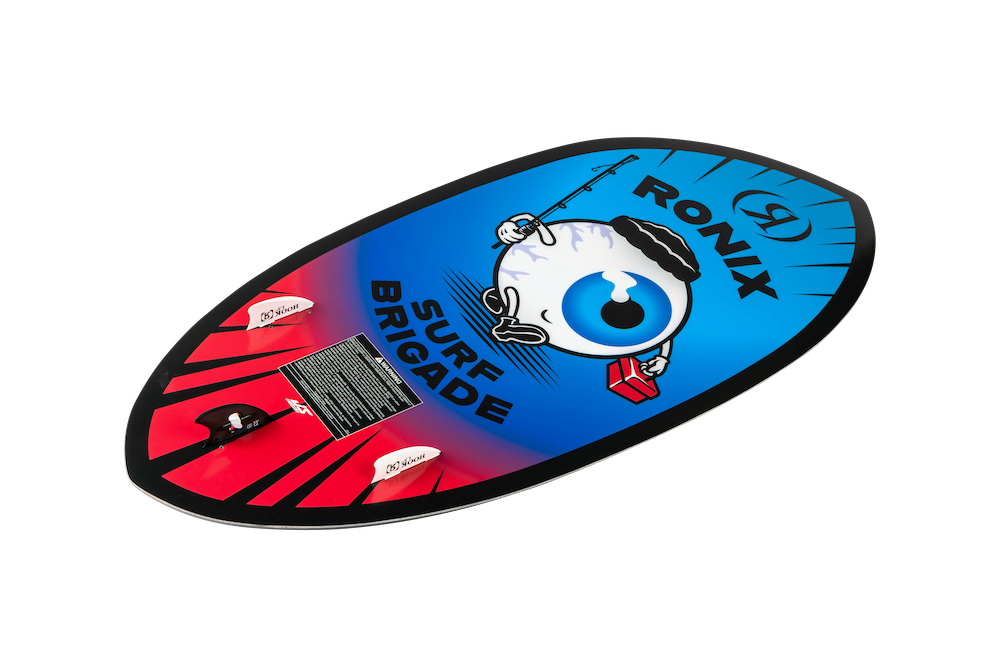 The Ronix Sonic Skimmer Wakesurf Board 2026 (3'11") is a durable kids’ board with a blue/red design, cartoon eyeball holding a red box and fishing rod, and "RONIX SURF BRIGADE" in black.