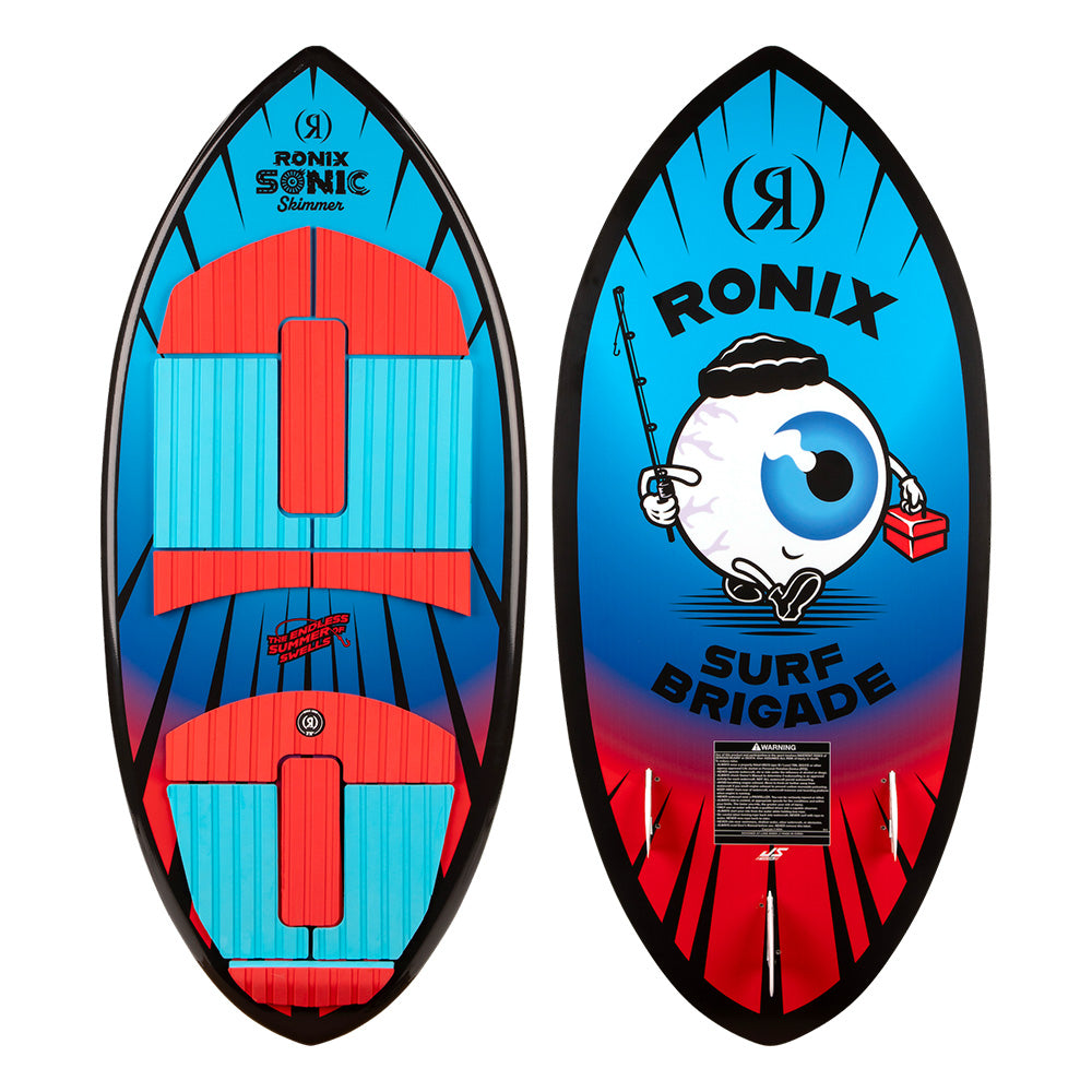 Two views of the Ronix Sonic Skimmer Wakesurf Board 2026 - 3'11": one side features red and blue grip pads; the other displays a cartoon eyeball with a lunchbox and "RONIX SURF BRIGADE" on bold blue and red.