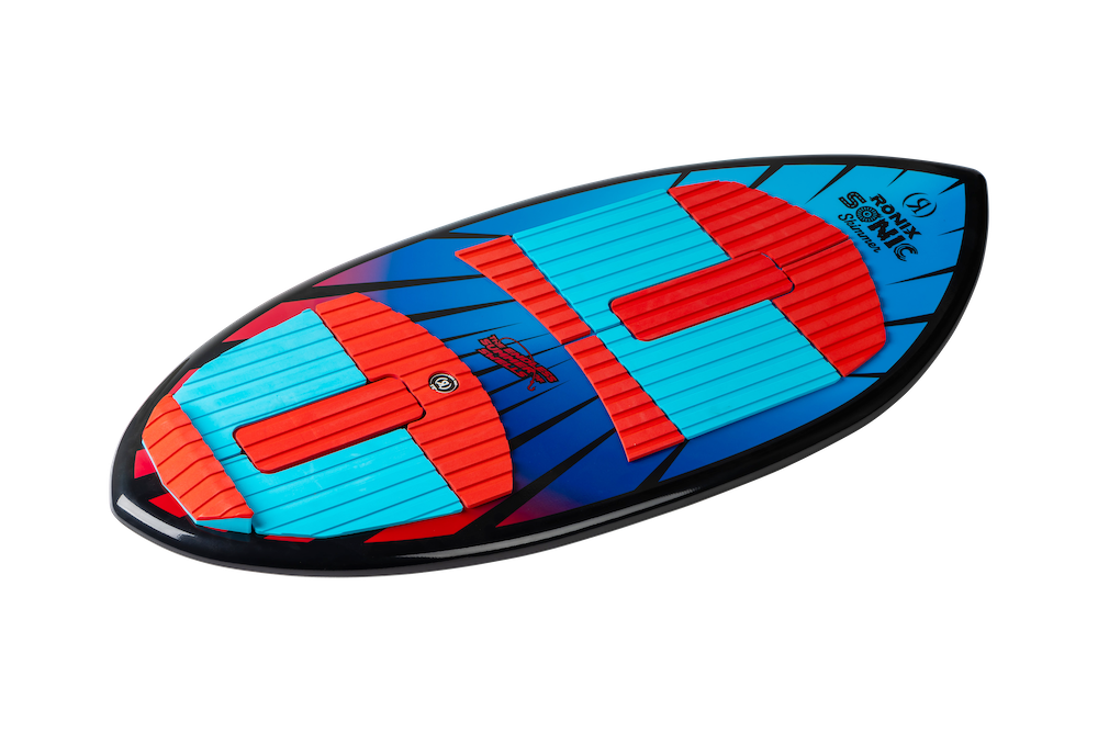 The Ronix Sonic Skimmer Wakesurf Board 2026 - 3'11", featuring a blue and black background, red traction pads, and geometric patterns with durable wakeboard construction, is shown on a plain white surface.
