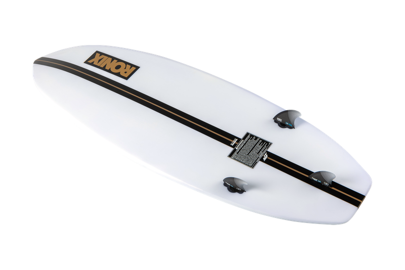 The Ronix Wave King XL Surfer Wakesurf Board 2026 features a white design with black and gold center stripes, three fins underneath, a surf style shape, and a “RONIX” logo near the tip, shown on a white background.