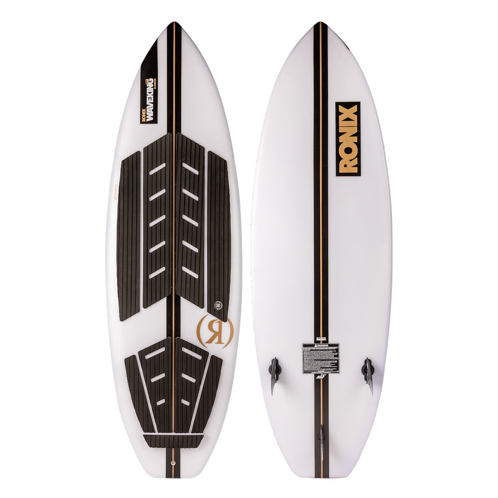 Two views of the Ronix Wave King XL Surfer Wakesurf Board 2026: a white surf-style board with black and gold stripes, black traction pads, and "Ronix" branding—top with pads, bottom with fins and logo—showing premium Wave King performance.