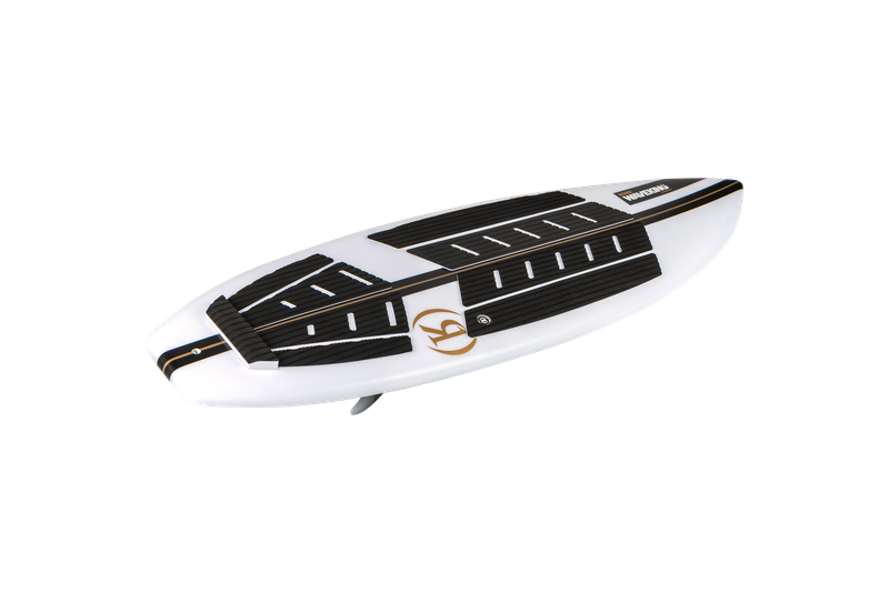 The Ronix Wave King XL Surfer Wakesurf Board 2026 features a white flyweight design, black traction pads, a small gold Wave King logo, and a single fin, displayed on a plain light background.