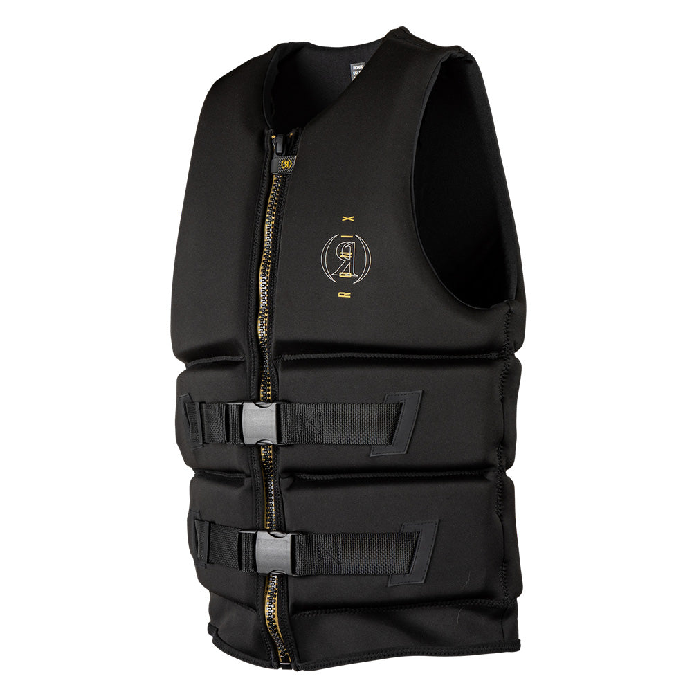 The Ronix Blackjack Yes Mens CGA Vest is a black, CGA-approved life jacket with a front zipper, two adjustable buckle straps, padded sections, a small circular chest logo, and Manhattan tailored fit, shown on a white background.