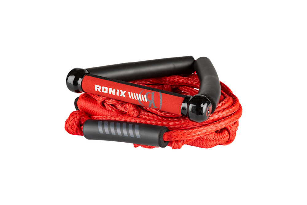 The Ronix Bungee Surf Rope features a 10" Hide Grip handle with foam grips and a 25ft, 4-section rope in assorted colors, shown with the RONIX logo on one grip against a plain white background.