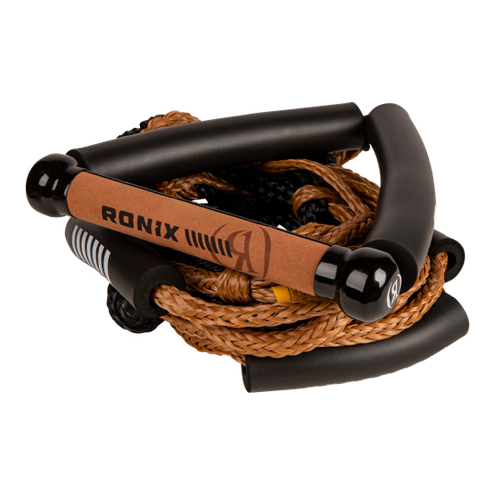The Ronix Bungee Surf Rope features a 10" Hide Grip handle with memory foam, a 25ft 4-section braided rope, black padded handles, and RONIX branding—ideal for water sports or wakeboarding.