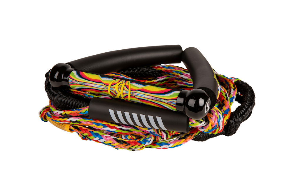 The Ronix Bungee Surf Rope features a 10" Hide Grip memory foam handle, 25ft 4-section multicolored braided rope, and black plastic ends, designed for water sports. Set against a plain white background.