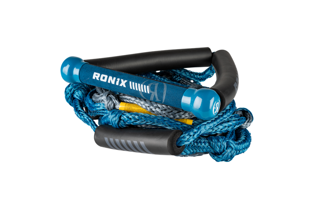 Ronix Bungee Surf Rope with a 10" Hide Grip handle and 25ft 4-section rope in assorted colors, featuring branded grip, shown coiled on a white background.