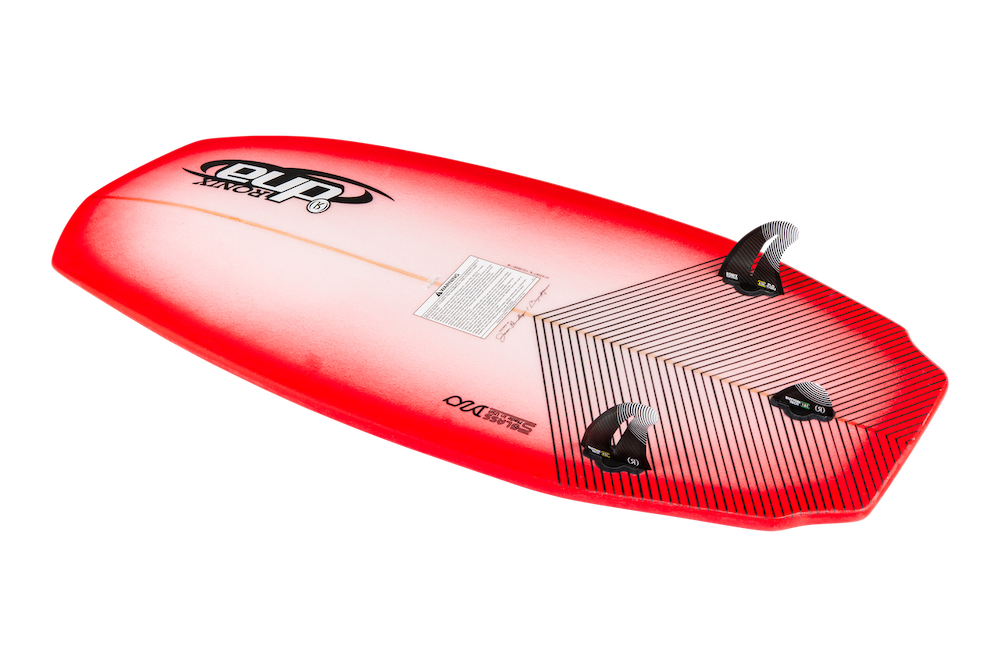 A red and white Ronix Flyweight Pro DNA Wakesurf Board 2026 with three black fins underneath and a top logo, made with USA S-Glass, is shown against a white background.