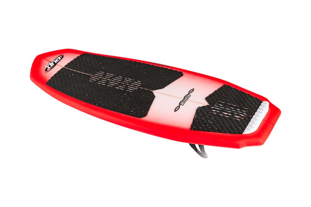 A red and white Ronix Flyweight Pro DNA Wakesurf Board 2026 with black grip pads, rounded nose, USA S-Glass construction, and fins underneath—competition-ready—shown on a plain white background.