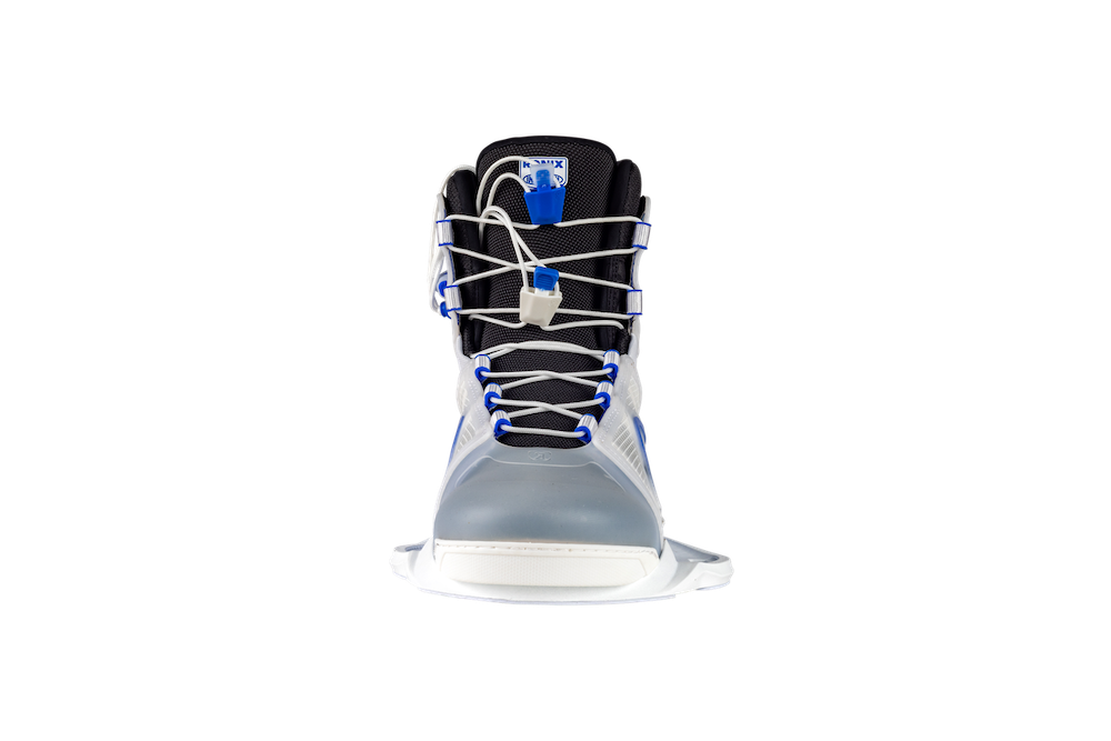 Front view of the Ronix RXT Boots 2026 by Ronix in gray and white with blue accents, black lining, Mainframe 2.0 High Cut Technology, unique lacing system, and a flat white sole, shown on a plain white background.