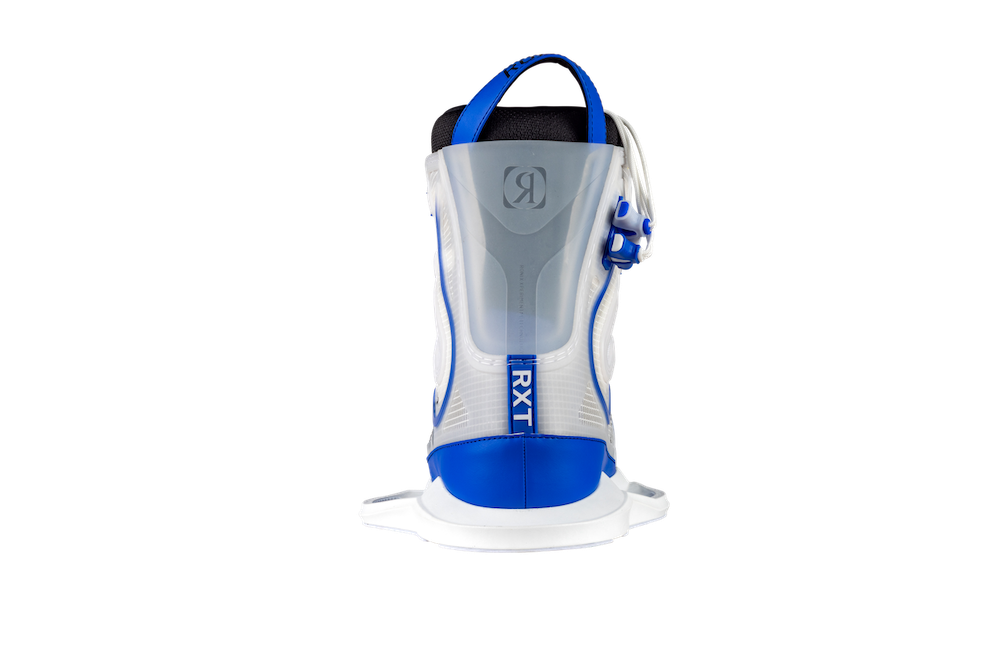 Rear view of the Ronix RXT Boots 2026 by Ronix, showcasing Mainframe 2.0 High Cut Technology, translucent back panel, blue pull tab, and side adjustment knob, all set against a plain white background.