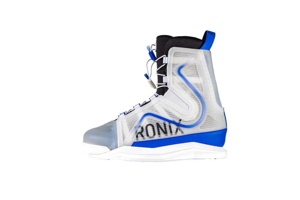 The Ronix RXT Boots 2026 are modern high-tops with Mainframe 2.0 High Cut Technology, a translucent white and blue design, black inner lining, blue sole accents, heat moldable liner, and "RONIX" branding, shown on a white background.