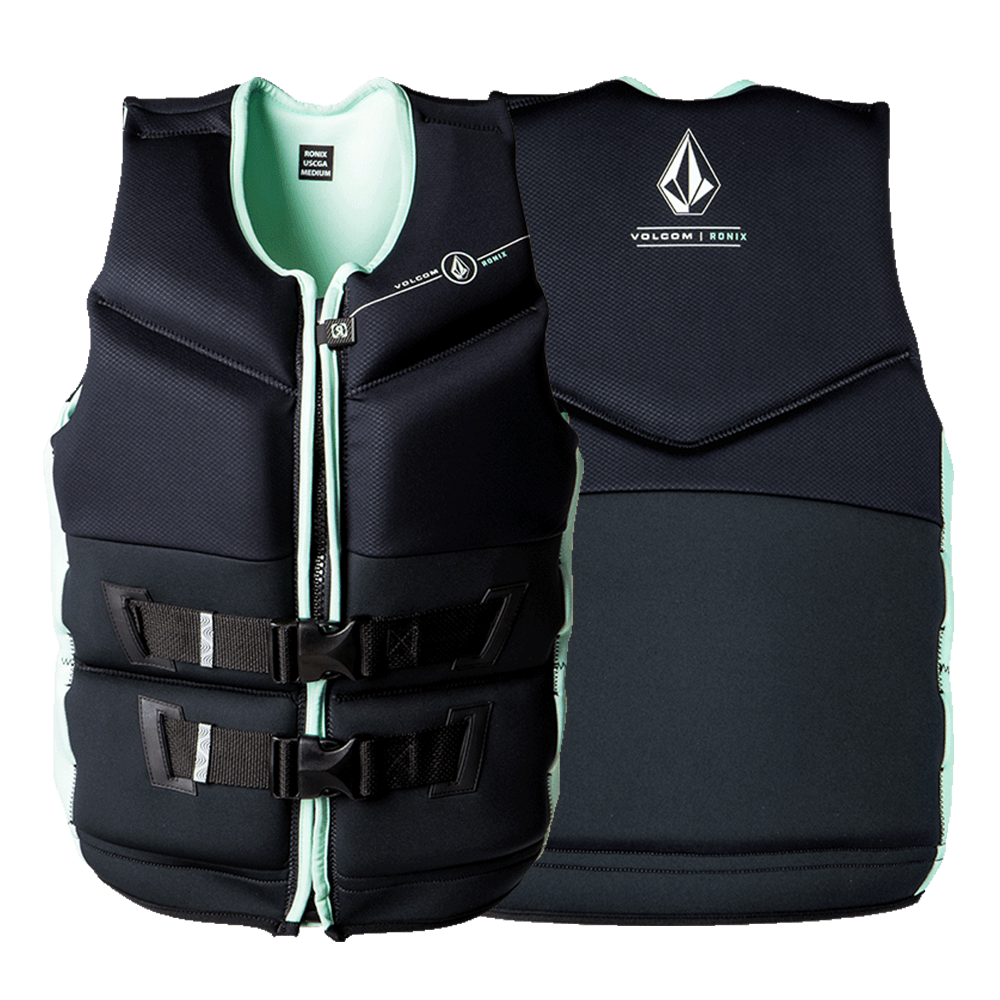 A black and mint Ronix Volcom Capella 3.0 women's CGA vest with water-resistant features.