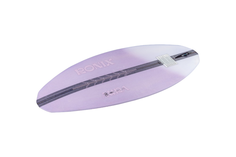 The Ronix Women's Aura Flyweight Skimmer 2026 features a purple design with a black central stripe, geometric patterns, and subtle branding in lightweight construction, shown on a white background.