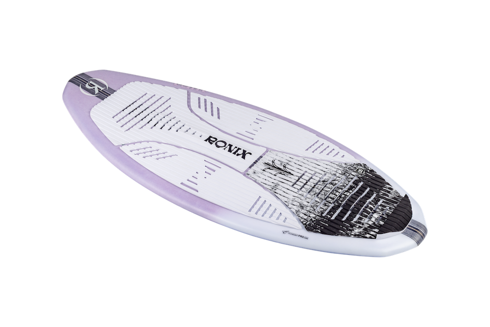 The Ronix Women's Aura Flyweight Skimmer 2026 is a sleek white and purple board from Ronix, designed with flyweight construction to help women catch waves with speed and style.