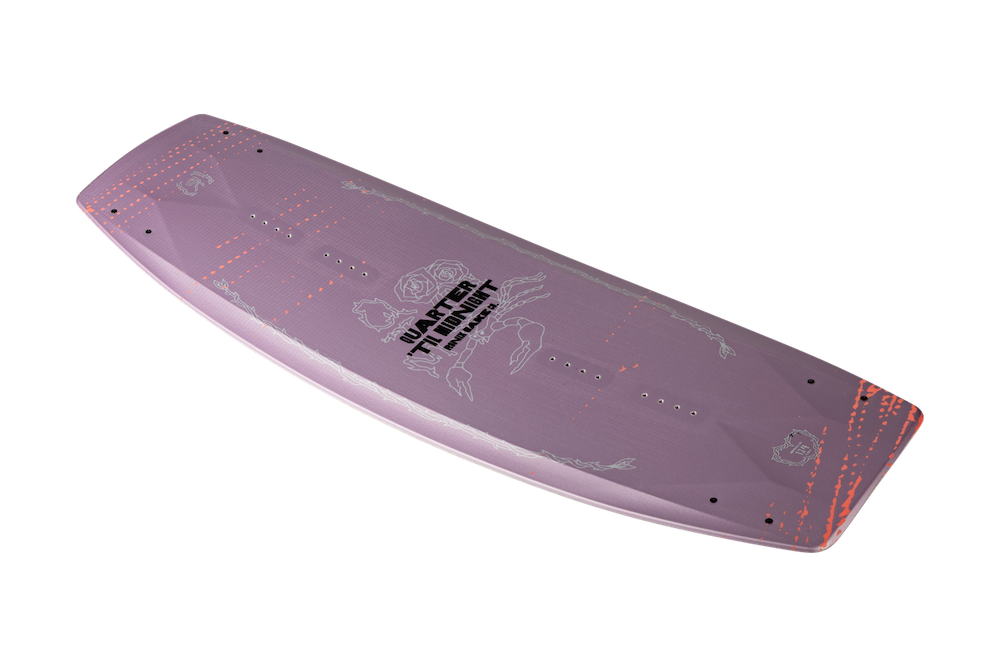 The Ronix Quarter 'Til Midnight Wakeboard | Luxe Bindings 2026 is a purple women’s board with rose graphics and “WAKE THE NIGHT” text, a hybrid rocker for smooth jumps, multiple mounting holes, and orange corner accents. Brand: Ronix.