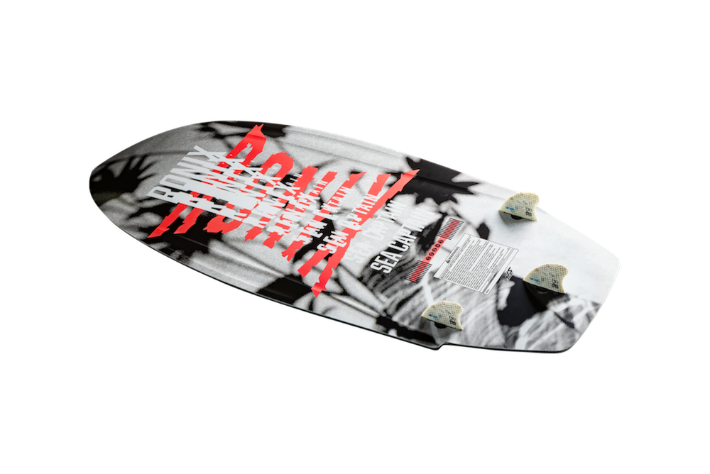 The Ronix Women's Sea Captain Wakesurf Board 2026 features a durable build and bold black, white, and red abstract graphics. Designed for women, it has three fins and is shown on a plain, light background.