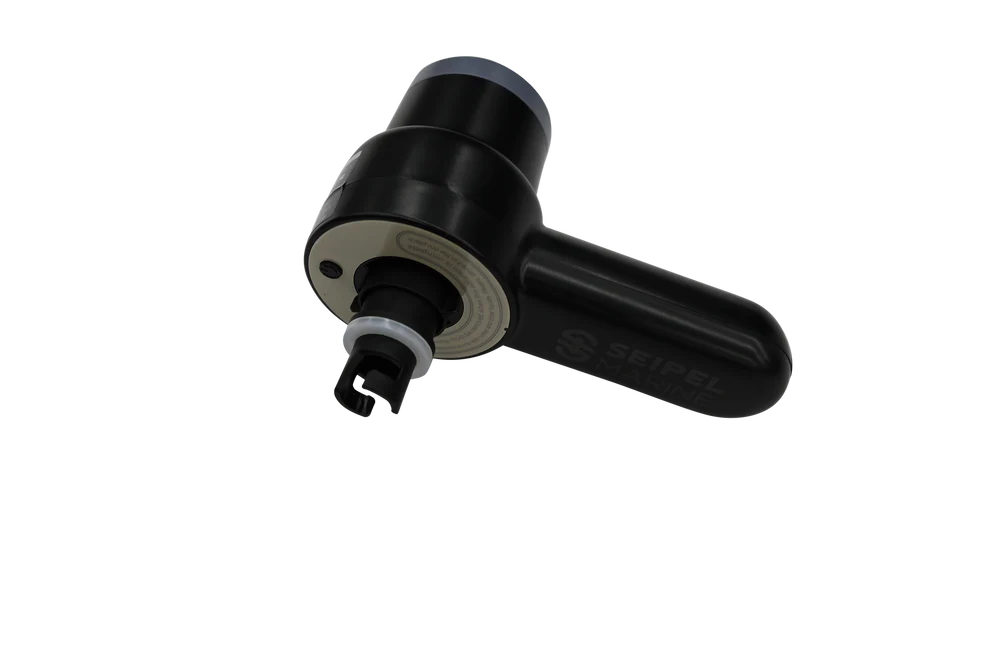 The Seipel Marine Handheld Air Pump is a black, portable device with a cylindrical top, side handle branded "Seipel Marine," and a Halkey Roberts fitting at the bottom, displayed on a plain white background.