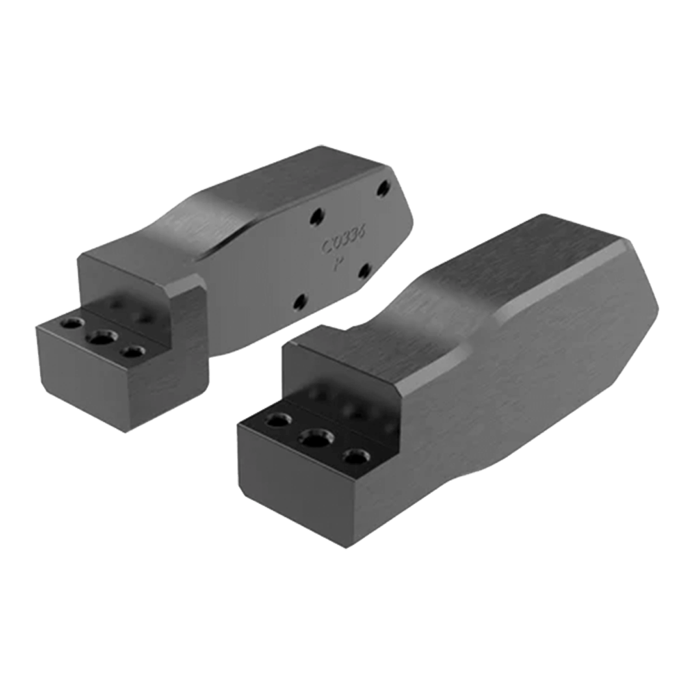 Two black, rectangular metal Skylon Skylock Pro4 Locking Board Rack components with angled tops and three holes on one end, shown on a light gray background. Includes Axis Tower Adapters for secure board storage. Brand: Skylon.