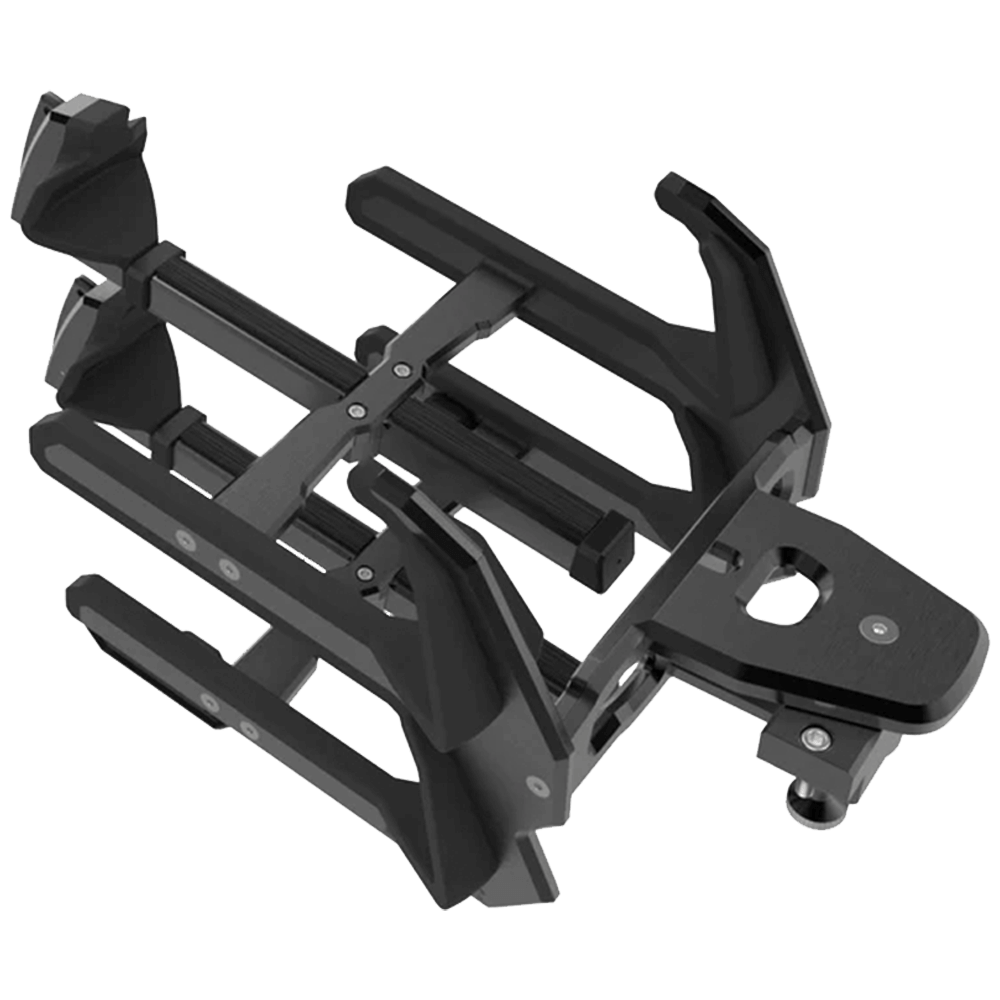The Skylon Skylock Board Rack with Malibu G5 Tower Adapters is a black, adjustable metal rack with multiple arms and hinges, designed for securely holding boards. It is shown on a plain white background.