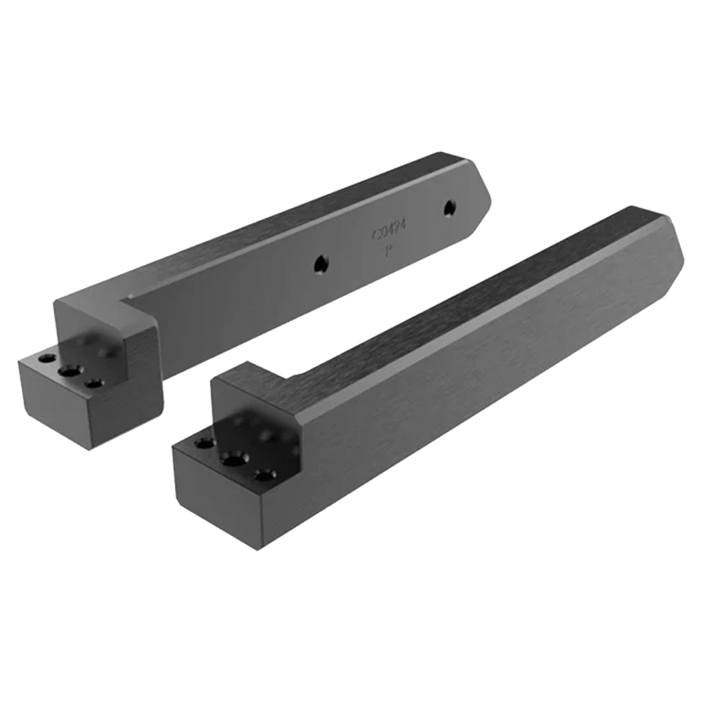 The Skylon Skylock Pro4 Locking Board Rack with Malibu G5 Tower Adapters by Skylon is shown in black, L-shaped metal brackets with screw holes and a matte finish, ideal for storing boards or surfboards in industrial setups.
