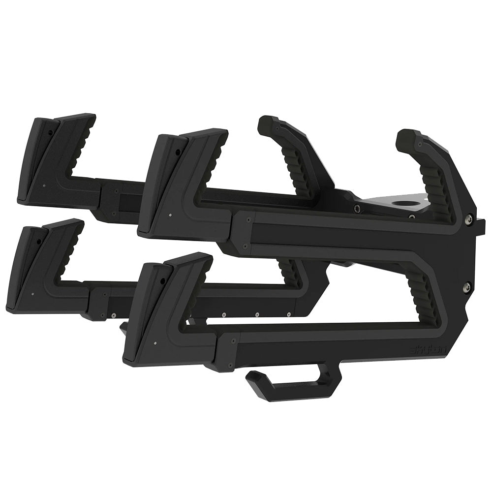 The Skylon Skylock Pro4 Locking Board Rack with Axis Tower Adapters offers secure wall-mounted storage for sports gear or boards, featuring angled arms, textured grips, and TruLock Technology for reliable organization.