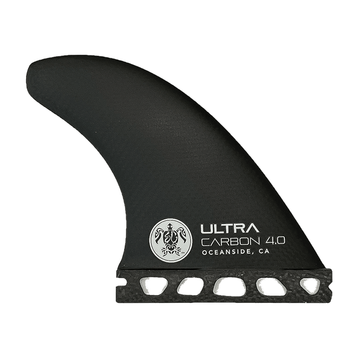 A black ULTRA CARBON 4.0 OCEANSIDE, CA surfboard fin with a turtle logo and carbon fiber base, ideal for boosting your Soulcraft Phoenix-R Wakesurf Board or any carbon fiber wakesurf board.
