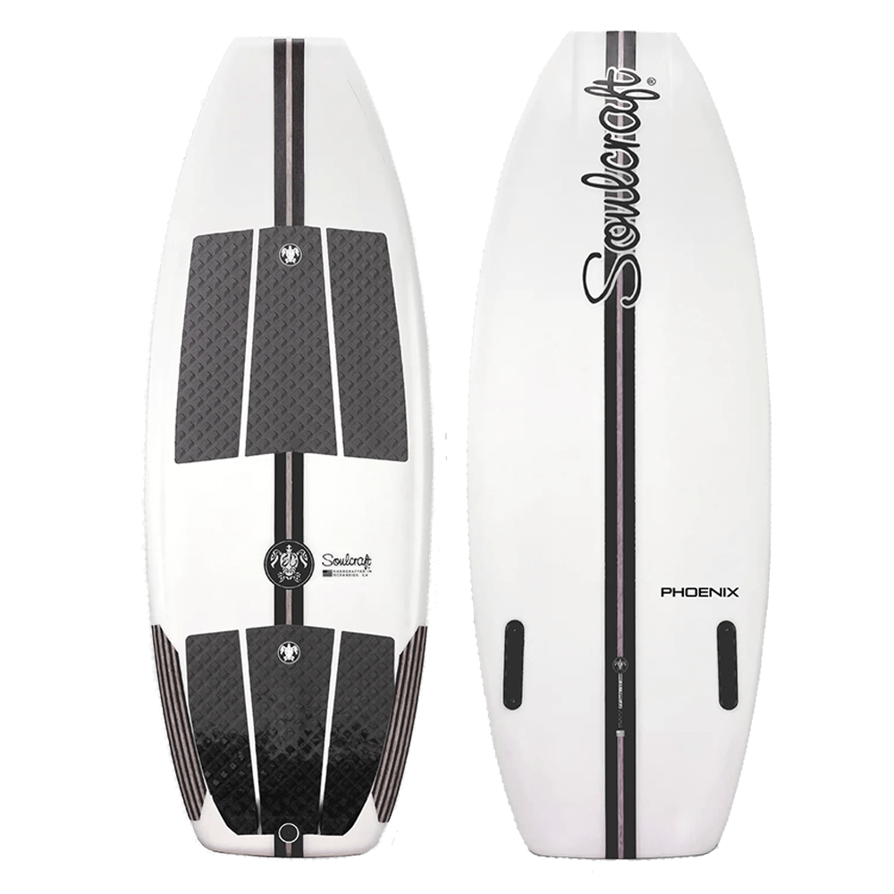 Two white Soulcraft Phoenix-R Wakesurf Boards are shown—one with black textured grip pads and logo on top, the other displaying a smooth underside with dual fin boxes, bold Soulcraft branding, and surf style wakesurf board design.