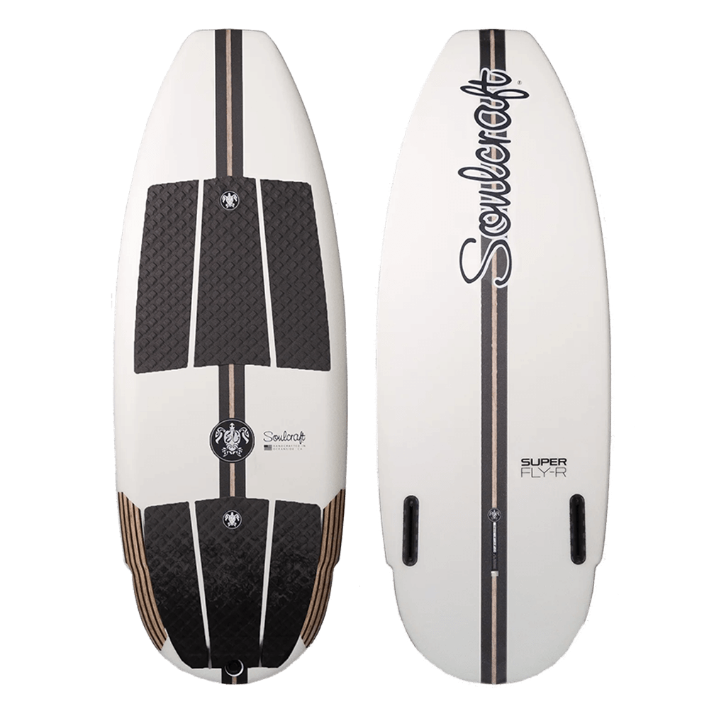 Two white Soulcraft Superfly-R Wakesurf Boards are shown front and back, featuring black and brown grip pads, carbon fiber fins, bold Soulcraft branding, and the model name Superfly-R for added distinction.