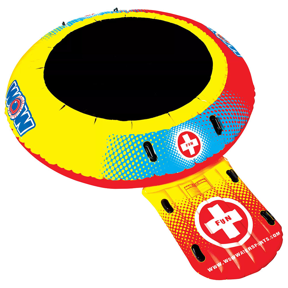 The WOW 10' Bouncer by WOW is a large yellow inflatable water float with red and blue accents, a round central area, small FUN platform with a white cross, and several black handles around the float.