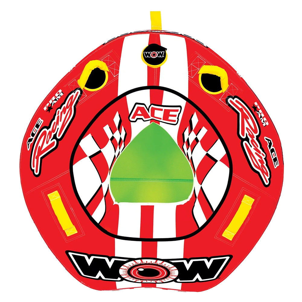The WOW Ace Racer 1 Person Tube features a red, white, and black arrow design with Racing and WOW logos, checkered patterns, yellow handles, and a green center seat—perfect for solo water sports fun.